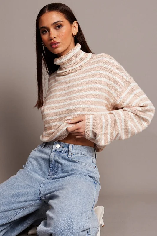 Beige Stripe Knit Top Long Sleeve High Neck