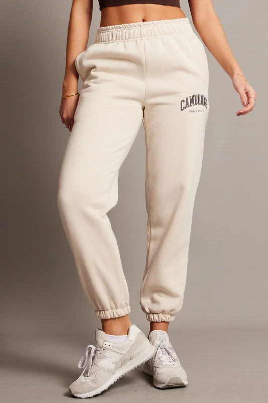 Beige Track Pants High Rise