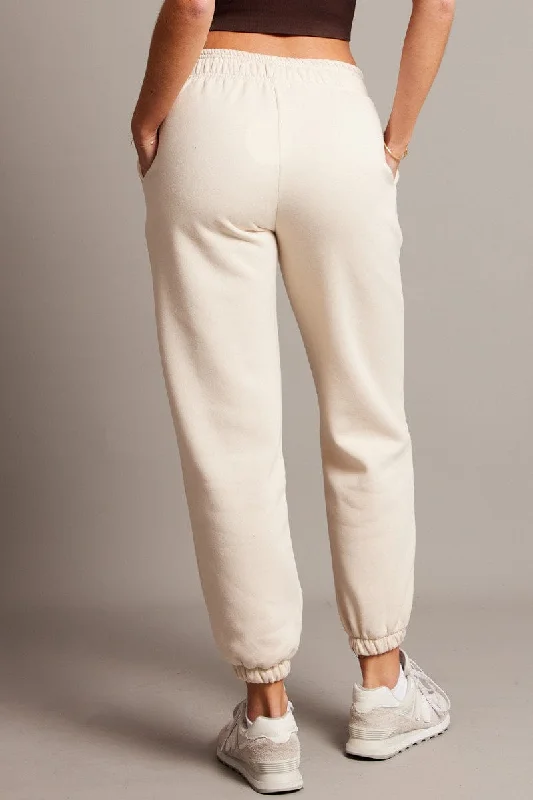 Beige Track Pants High Rise