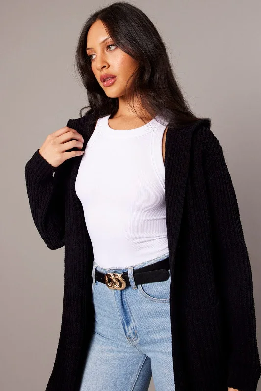 Black Knit Cardigan Hooded Longline Chenille