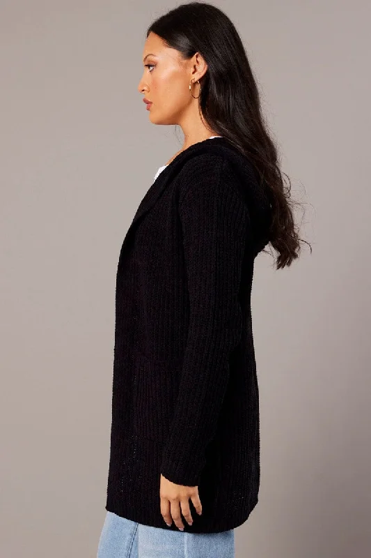 Black Knit Cardigan Hooded Longline Chenille