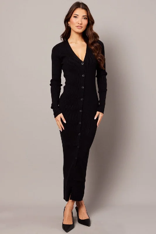 Black Knit Dress Long Sleeve Button Front