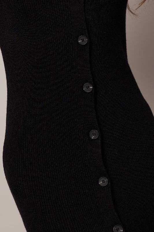 Black Knit Dress Long Sleeve Button Front