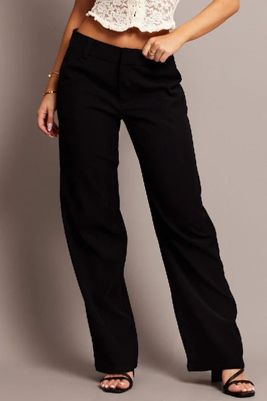 Black Straight Fit Pants Mid Rise