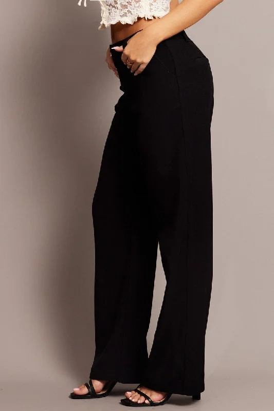 Black Straight Fit Pants Mid Rise