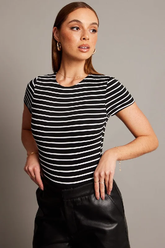 Black Stripe Bodysuit Short Sleeve Crew Neck Supersoft