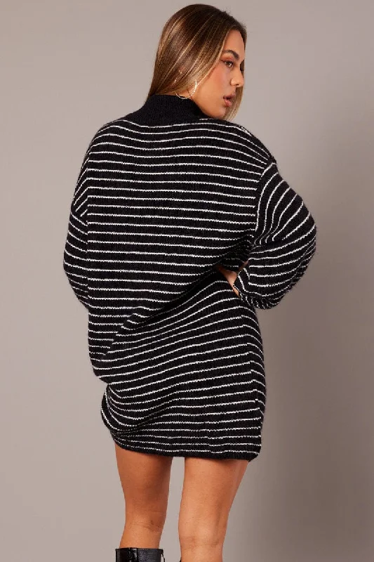 Black Stripe Knit Dress Long Sleeve Turtleneck Oversized