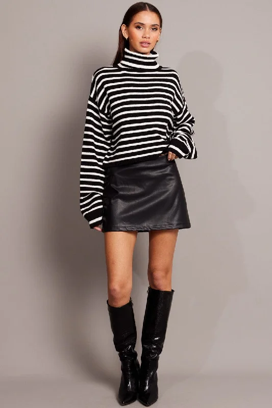 Black Stripe Knit Top Long Sleeve High Neck