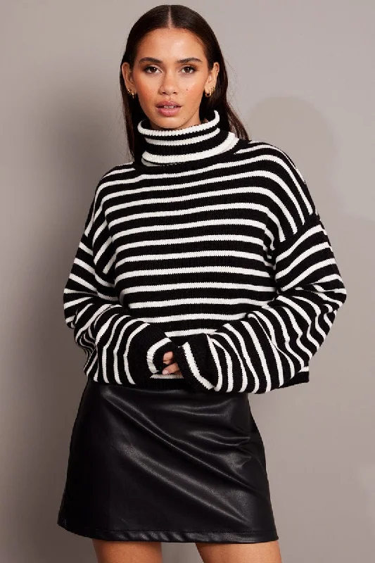 Black Stripe Knit Top Long Sleeve High Neck