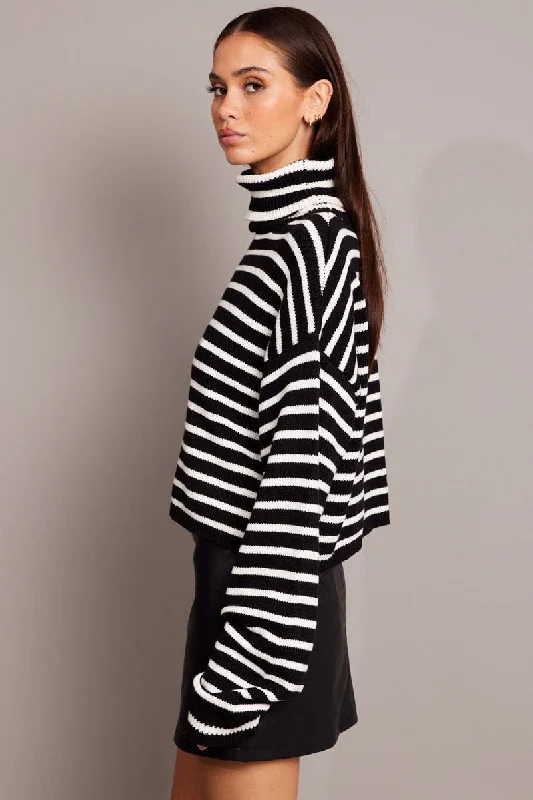 Black Stripe Knit Top Long Sleeve High Neck