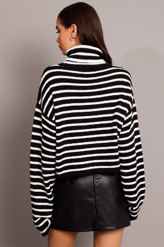 Black Stripe Knit Top Long Sleeve High Neck