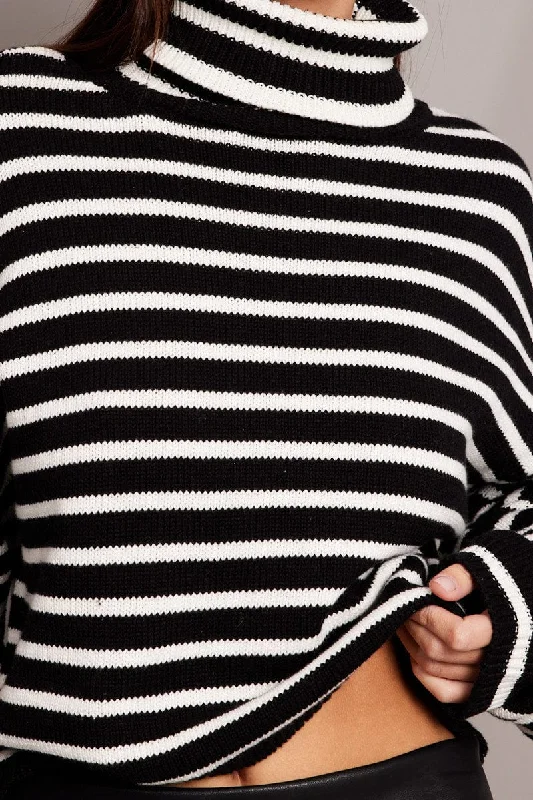 Black Stripe Knit Top Long Sleeve High Neck