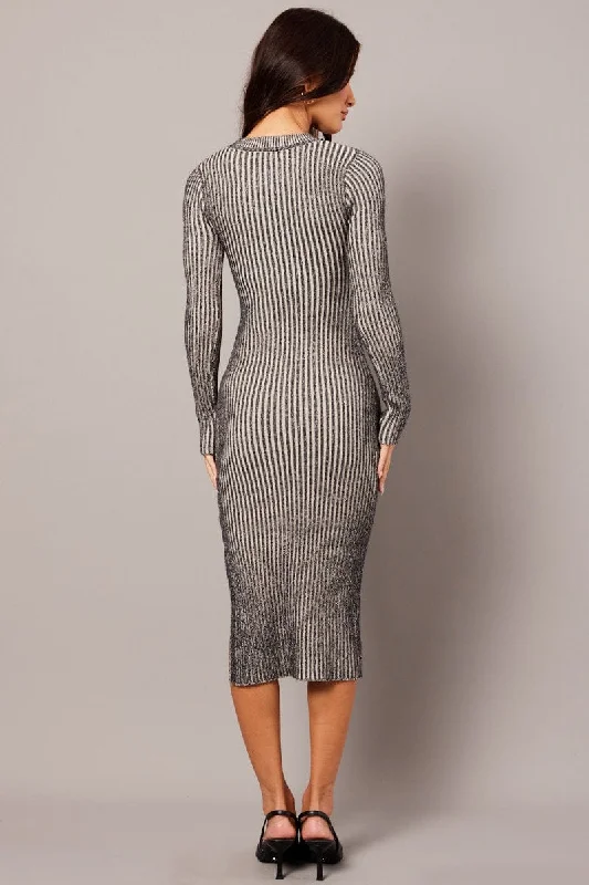 Black Stripe Midi Dress Long Sleeve Round Neck Rib Knitted