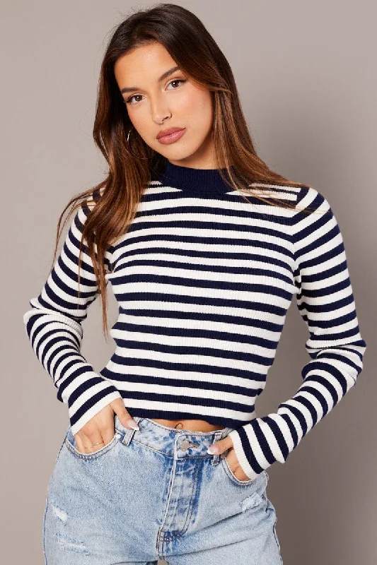 Blue Stripe Knit Top Long Sleeve Funnel Neck