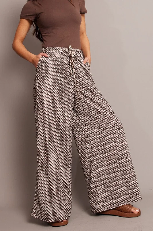 Brown Geo Wide Leg Pants High Rise