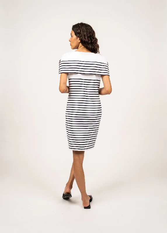 CANNES - Cape Shoulder Breton Striped Dress by Romain Brifault (WHITE / NAVY)