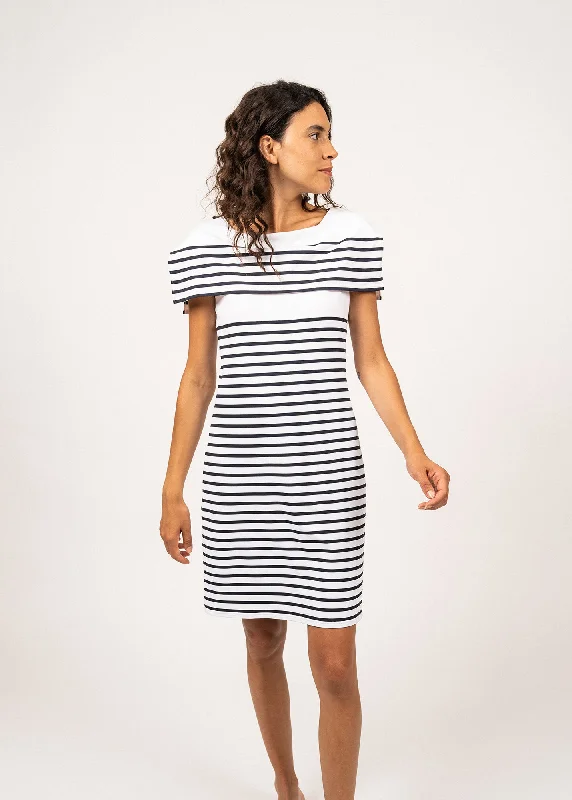 CANNES - Cape Shoulder Breton Striped Dress by Romain Brifault (WHITE / NAVY)