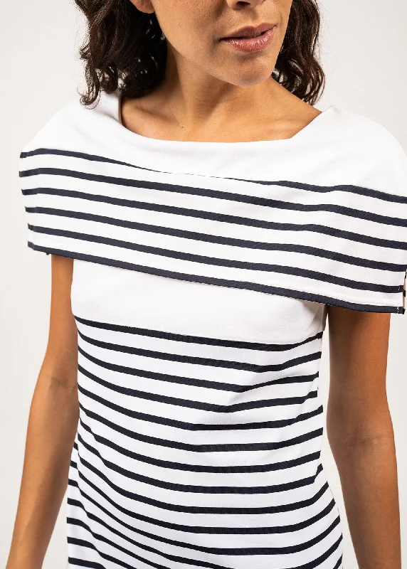 CANNES - Cape Shoulder Breton Striped Dress by Romain Brifault (WHITE / NAVY)