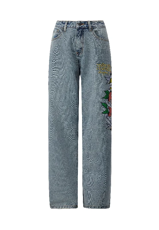 Womens Death Before Dishonour Relaxed Fit Denim Trousers Jeans - Bleach