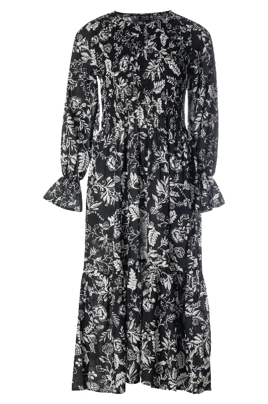 Shirred front Cotton Rayon Dress | Black Ivory Garden | 6542ZZ