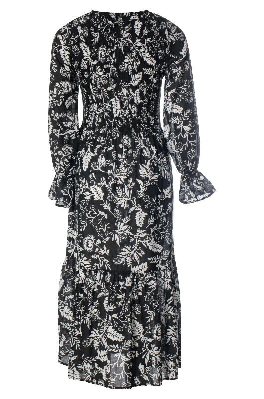 Shirred front Cotton Rayon Dress | Black Ivory Garden | 6542ZZ