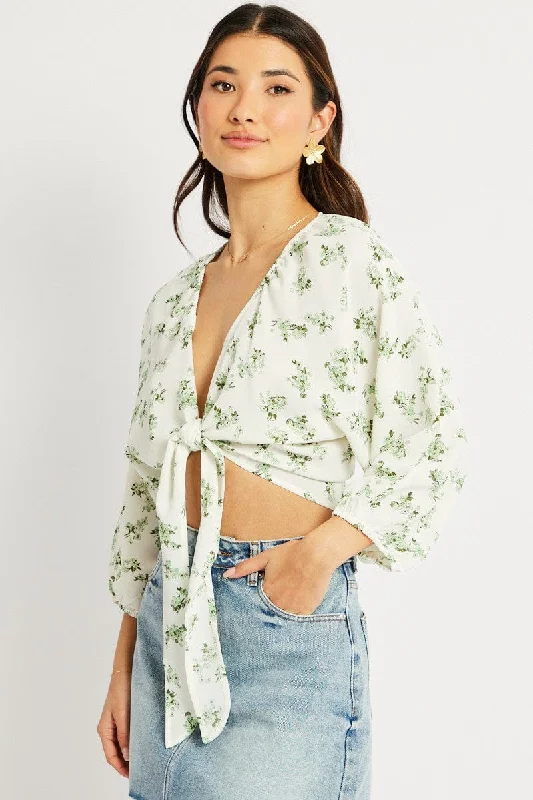 Green Floral Tie Front Bolero 3/4 Sleeve Crop