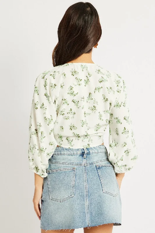 Green Floral Tie Front Bolero 3/4 Sleeve Crop