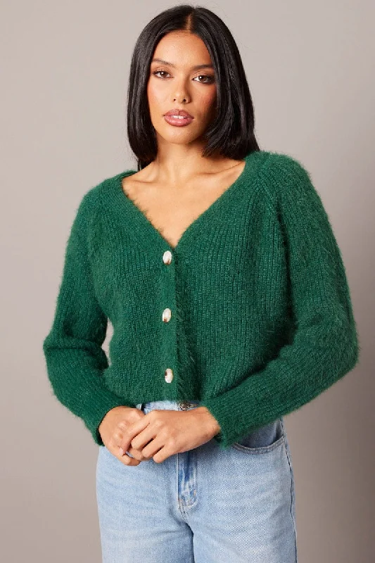 Green Fluffy Knit Cardigan V Neck