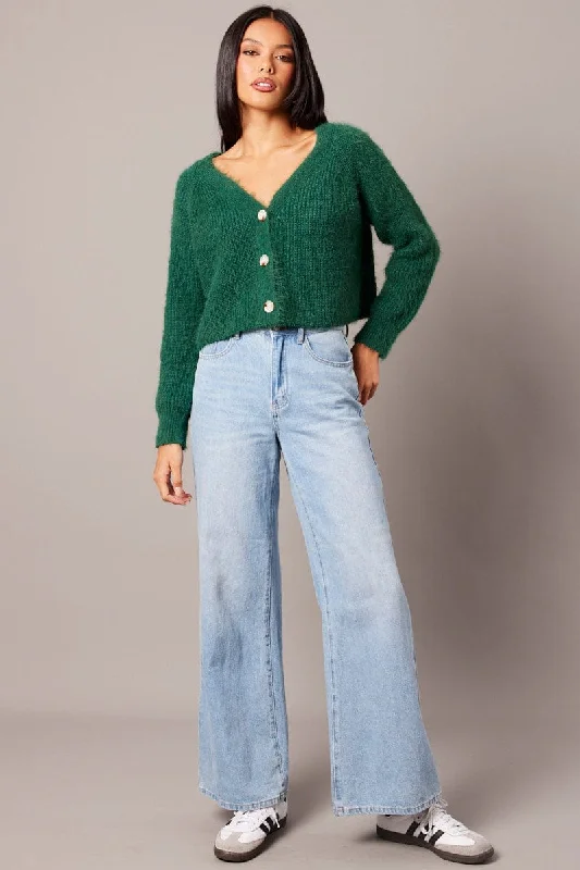 Green Fluffy Knit Cardigan V Neck