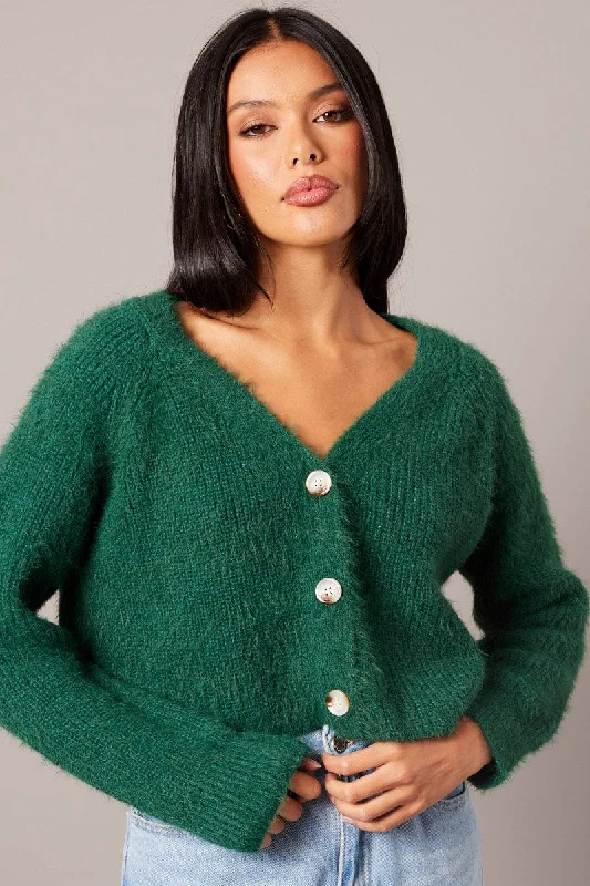 Green Fluffy Knit Cardigan V Neck