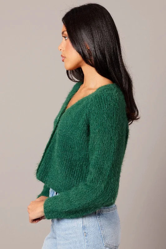 Green Fluffy Knit Cardigan V Neck