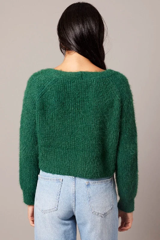 Green Fluffy Knit Cardigan V Neck