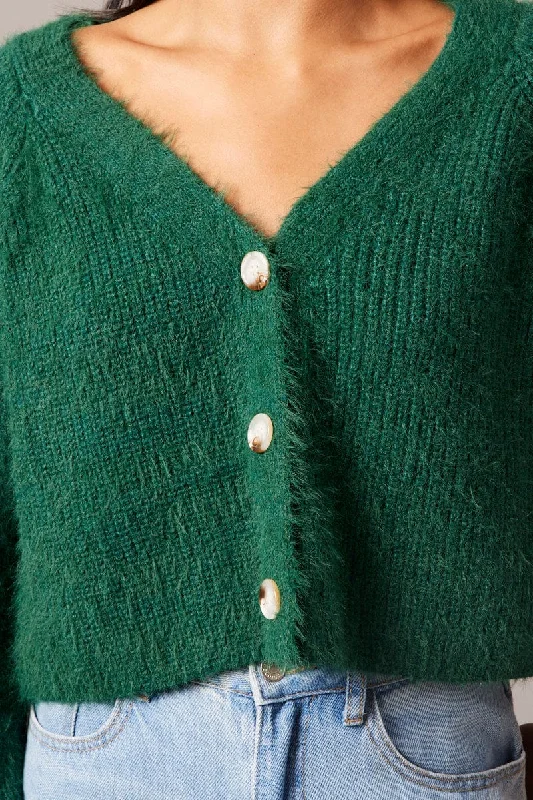 Green Fluffy Knit Cardigan V Neck