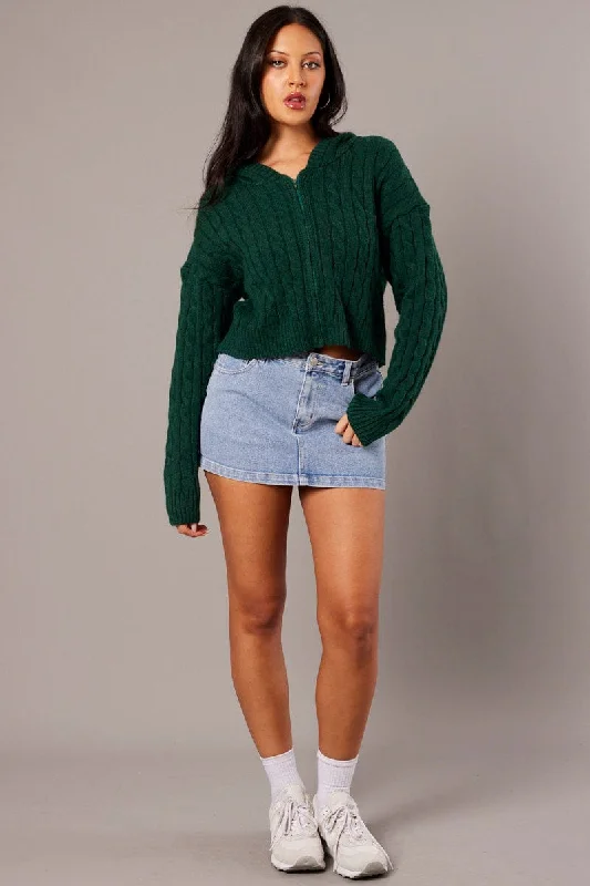 Green Hooded Cardigan Long Sleeve Cable Knit Zip Up