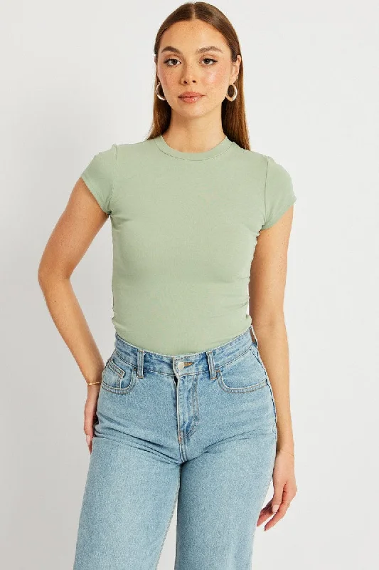 Green T Shirt Short Sleeve Crew Neck Cotton Rib