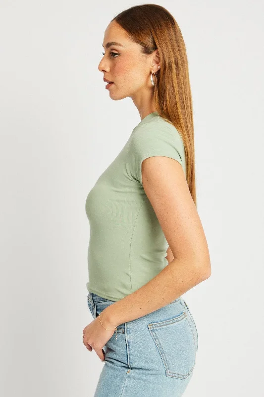 Green T Shirt Short Sleeve Crew Neck Cotton Rib