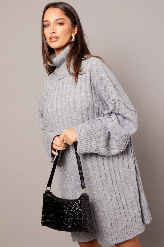 Grey Knit Dress Long Sleeve Jumper