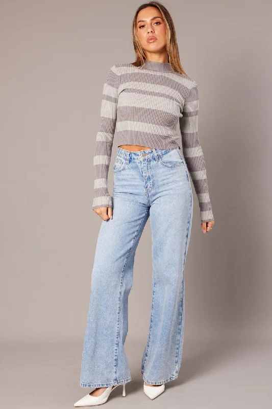 Grey Stripe Knit Top Long Sleeve High Neck