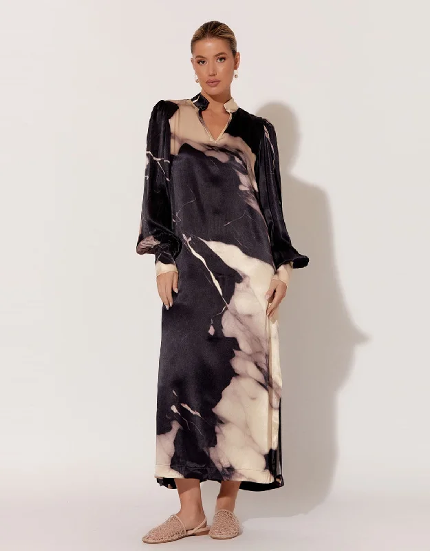 Haisley Marble Satin Midi Dress - Marble Print