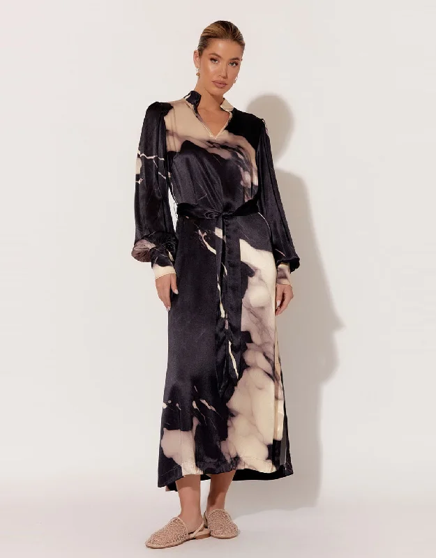 Haisley Marble Satin Midi Dress - Marble Print