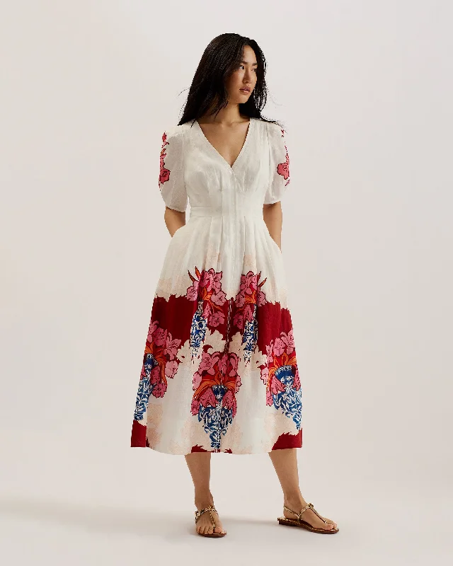 Happa Linen Printed Puff Sleeve Midi Dress Ivory