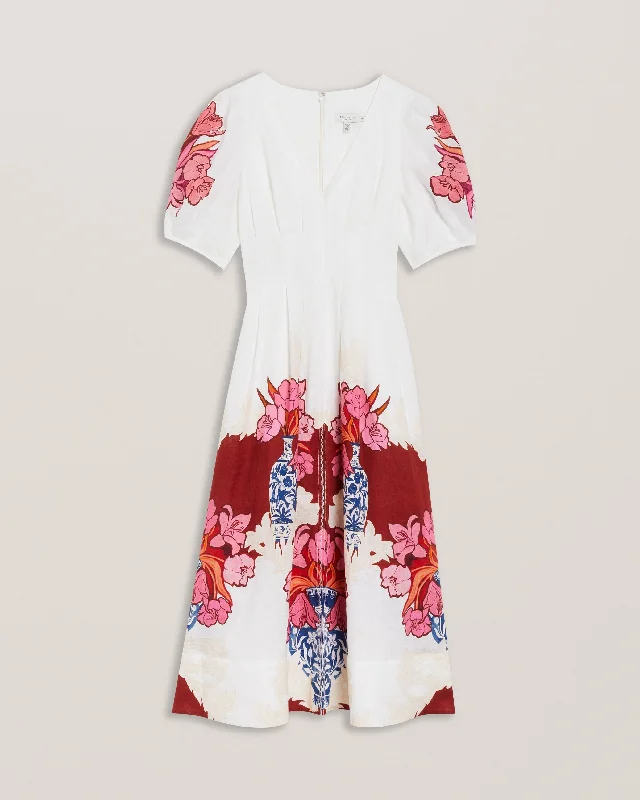 Happa Linen Printed Puff Sleeve Midi Dress Ivory