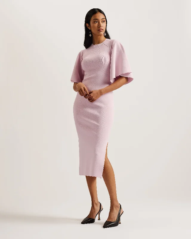 Lounia Fluted Sleeve Knitted Bodycon Midi Dress Lt-Pink