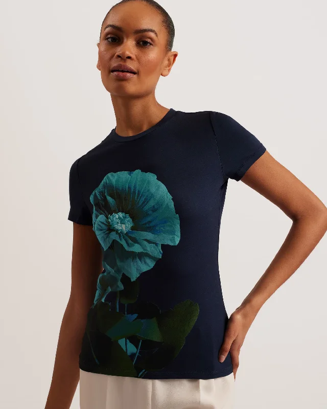 Meridi Floral Print Detail Fitted T-Shirt Navy