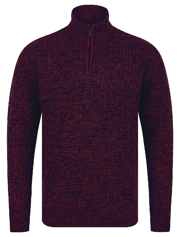 Merson Quarter Zip Funnel Neck Wool Blend Knitted Jumper in Claret / Black Twist - Tokyo Laundry