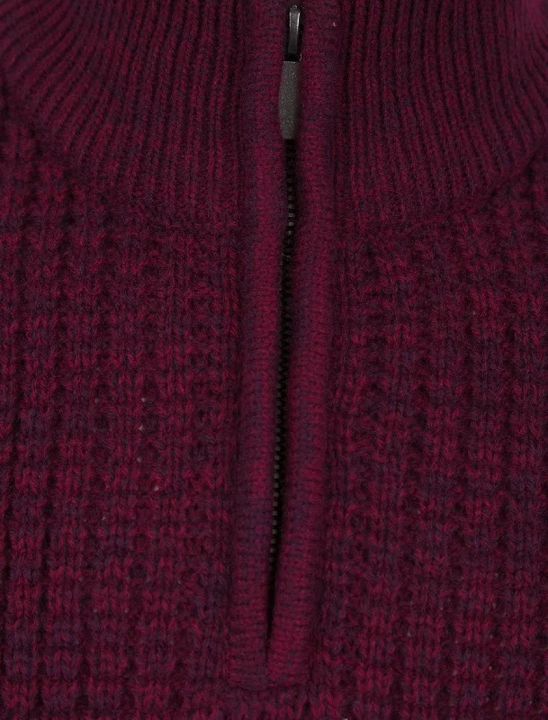 Merson Quarter Zip Funnel Neck Wool Blend Knitted Jumper in Claret / Black Twist - Tokyo Laundry