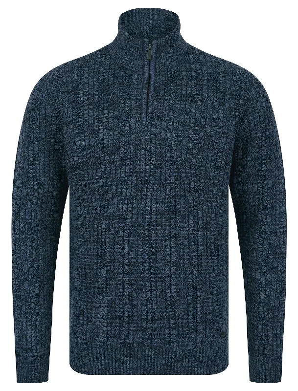 Merson Quarter Zip Funnel Neck Wool Blend Knitted Jumper in Denim Twist - Tokyo Laundry