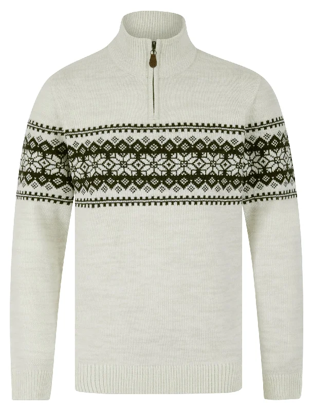 Moseph Quarter Zip Fair Isle Knit Funnel Neck Jumper in Chalk Twist - Kensington Eastside