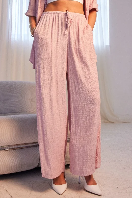 Pink Wide Leg Pants High Rise Textured Fabric