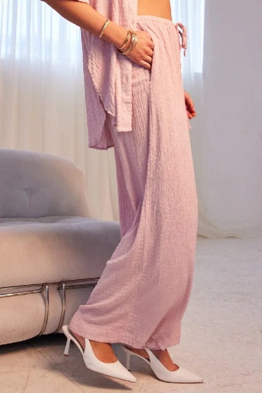 Pink Wide Leg Pants High Rise Textured Fabric